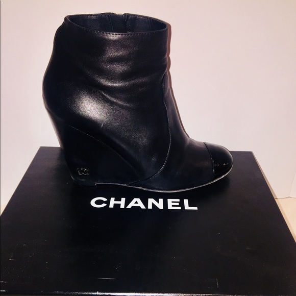 CHANEL Shoes - Chanel Lambskin Wedge Ankle Boots Booties